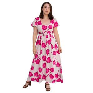 VINTAGE 70's Bright floral maxi dress tie waist cream / magenta pink tulips‎